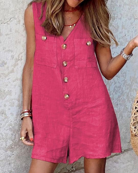 Women's Cotton Linen V-Neck Button Romper