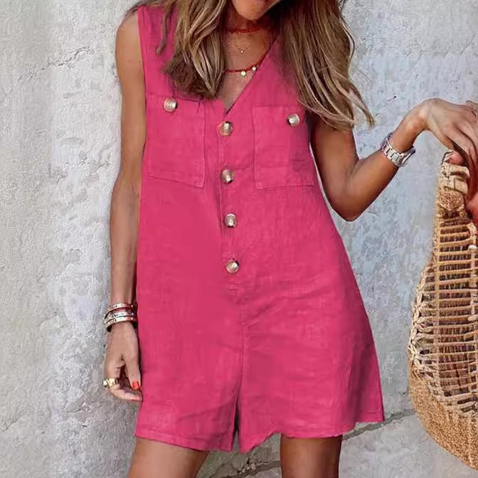 Women's Cotton Linen V-Neck Button Romper
