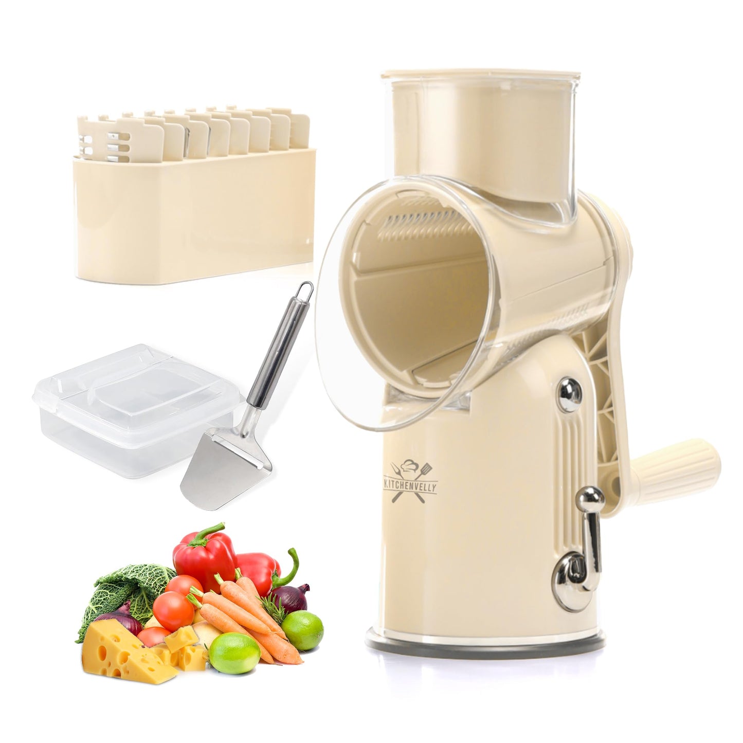 5-in-1 Rotary Cheese Grater with Hand Crank – Multi-Functional Food Slicer