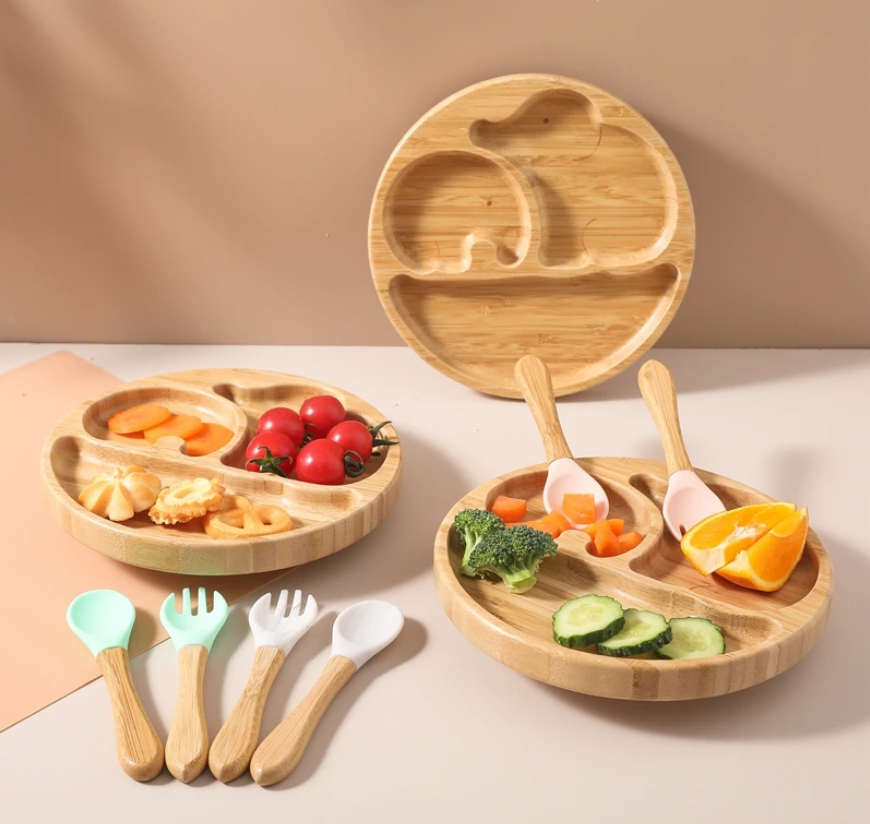 Children's Suction Bamboo Divided Plate with Spoon & Fork