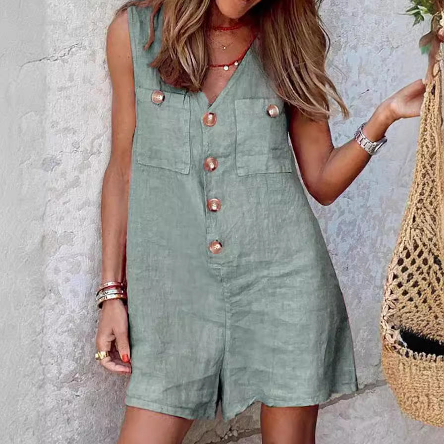 Women's Cotton Linen V-Neck Button Romper