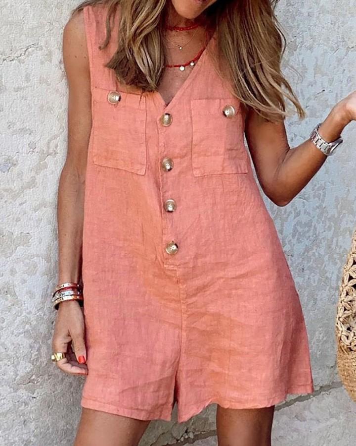 Women's Cotton Linen V-Neck Button Romper
