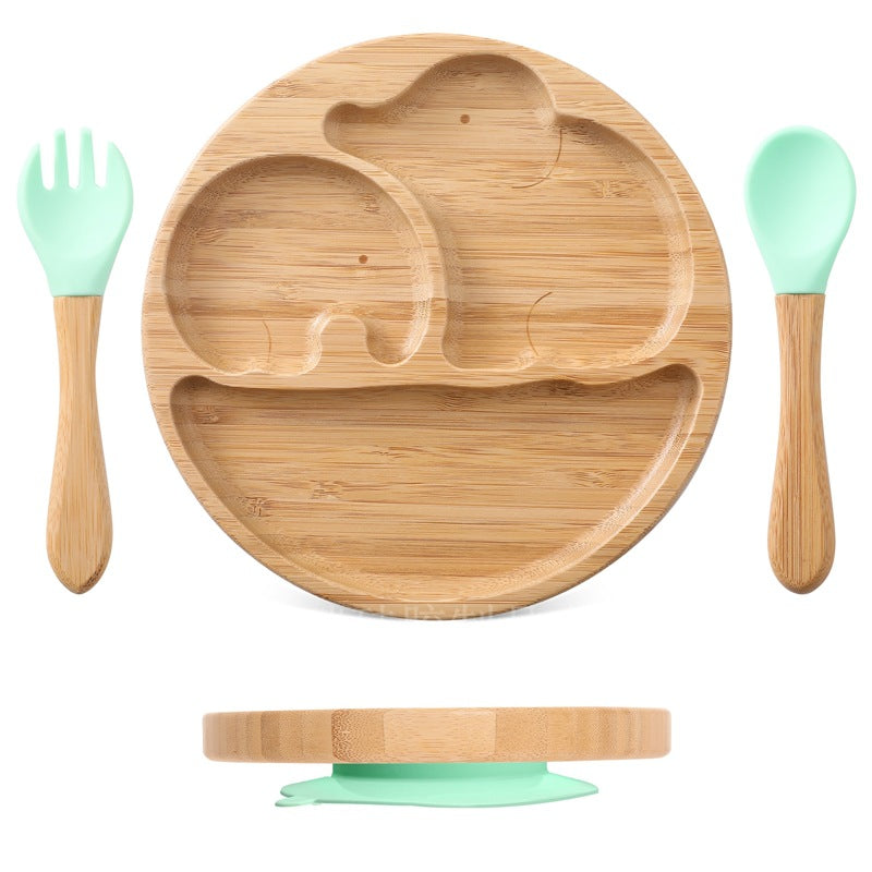 Children's Suction Bamboo Divided Plate with Spoon & Fork