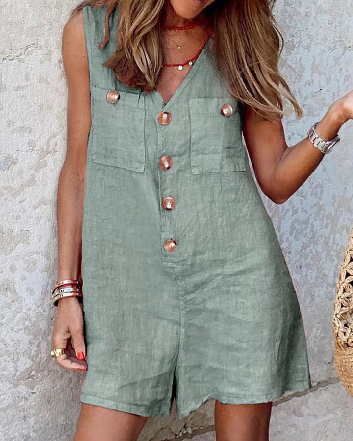 Women's Cotton Linen V-Neck Button Romper